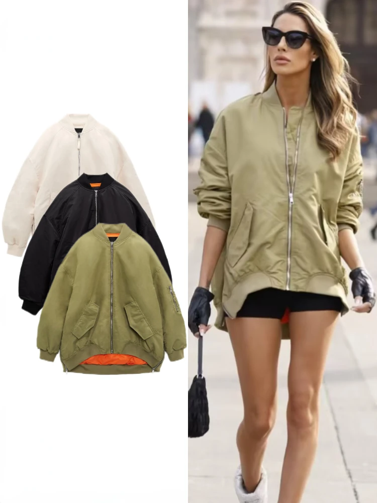 

Women's Spring Autumn Round Neck Loose Bomber Jacket New Oblique Pocket Zipper Oversized Jacket Coat Chic Female Outerwear