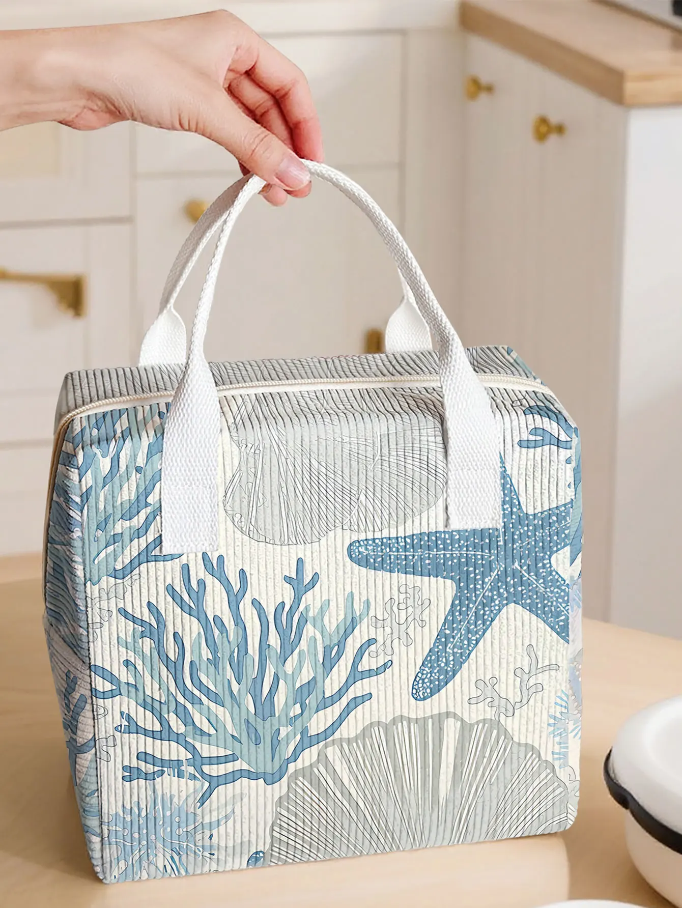 Ocean Starfish Coral Print Insulated Lunch Bag Portable Handheld Cooler Tote For Work School Picnic Food Storage