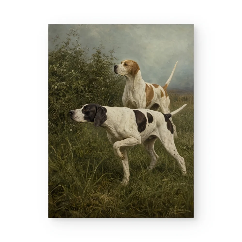 Vintage 2D Flat Two Pointer Hunting Dogs Canvas Print Poster - Rustic Pointer Breed Wall Art, Ink Canvas Suitable for Country