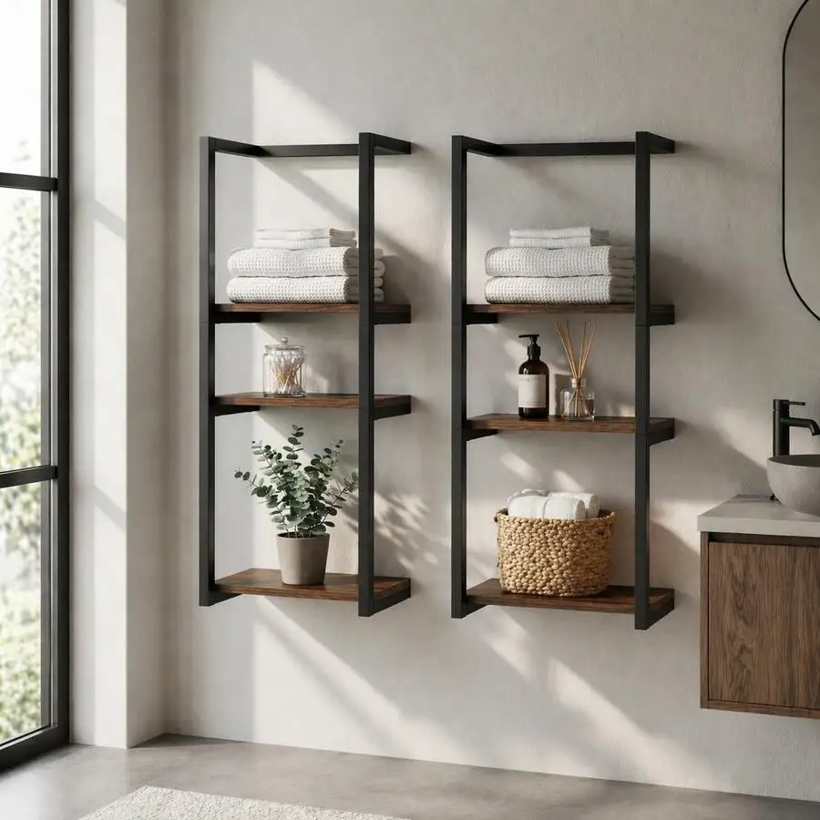 Wall Mounted Bathroom Shelf, 3-Tier Storage Organizer With Black Metal Frame And Rustic Wood Shelves, Space-Saving Wall Rack For