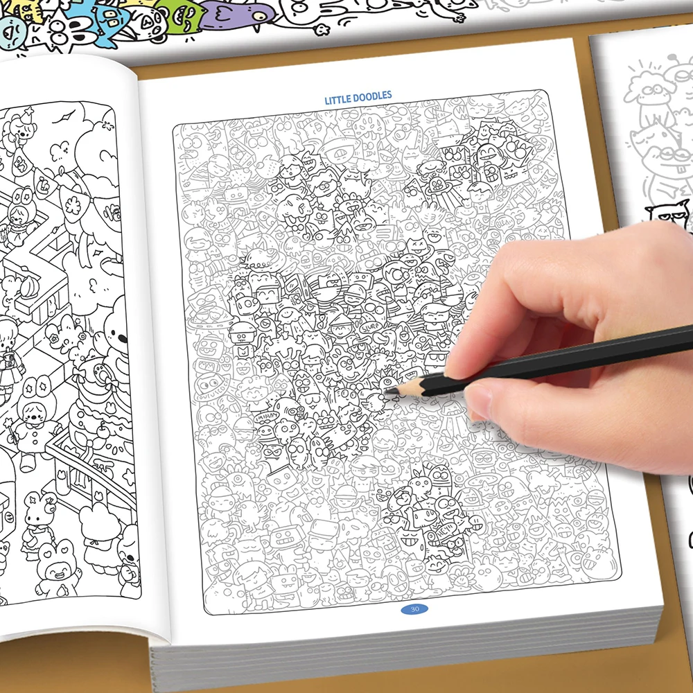 Livre de croquis et de coloriage Little Doodles avec plus de 5000 icônes de dessins animés mignons, livre d'activités de dessin créatif pour la relaxation et le divertissement