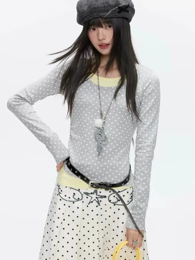Deeptown Vintage Y2k Polka Dot T-shirts Women Gray Korean Style Sweet False Two-piece Tops Yellow Patchwork Long Sleeve T-shirts
