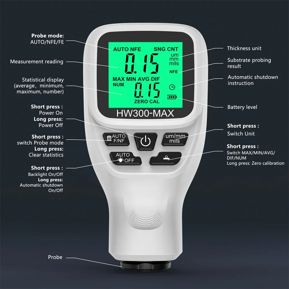 HW-300 Car Paint Film Thickness Tester 0-2000UM Coation Thickness Gauge Automotive Paint DFT Meter Car Coating Measuring Tools