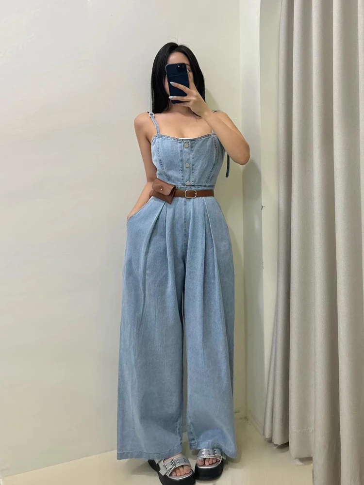 

Ele High Waist Pleated Design Single Button Summer Vintage Chic Denim Overall Pants Women's Faion Slimming Trousers