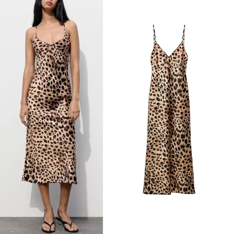 Été nouveau femmes imprimé léopard longue Dr Satin sensation sous-vêtements Sle Midi Dr Street Sle taille moyenne Svel a-ligne