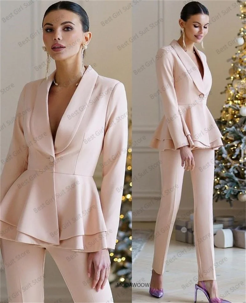 Pink Women Suit Set Blazer+Pants 2 Pieces Wedding Guest Prom Dress Ruffles Hem Formal Office Lady Party Jacket Coat Tailor Made