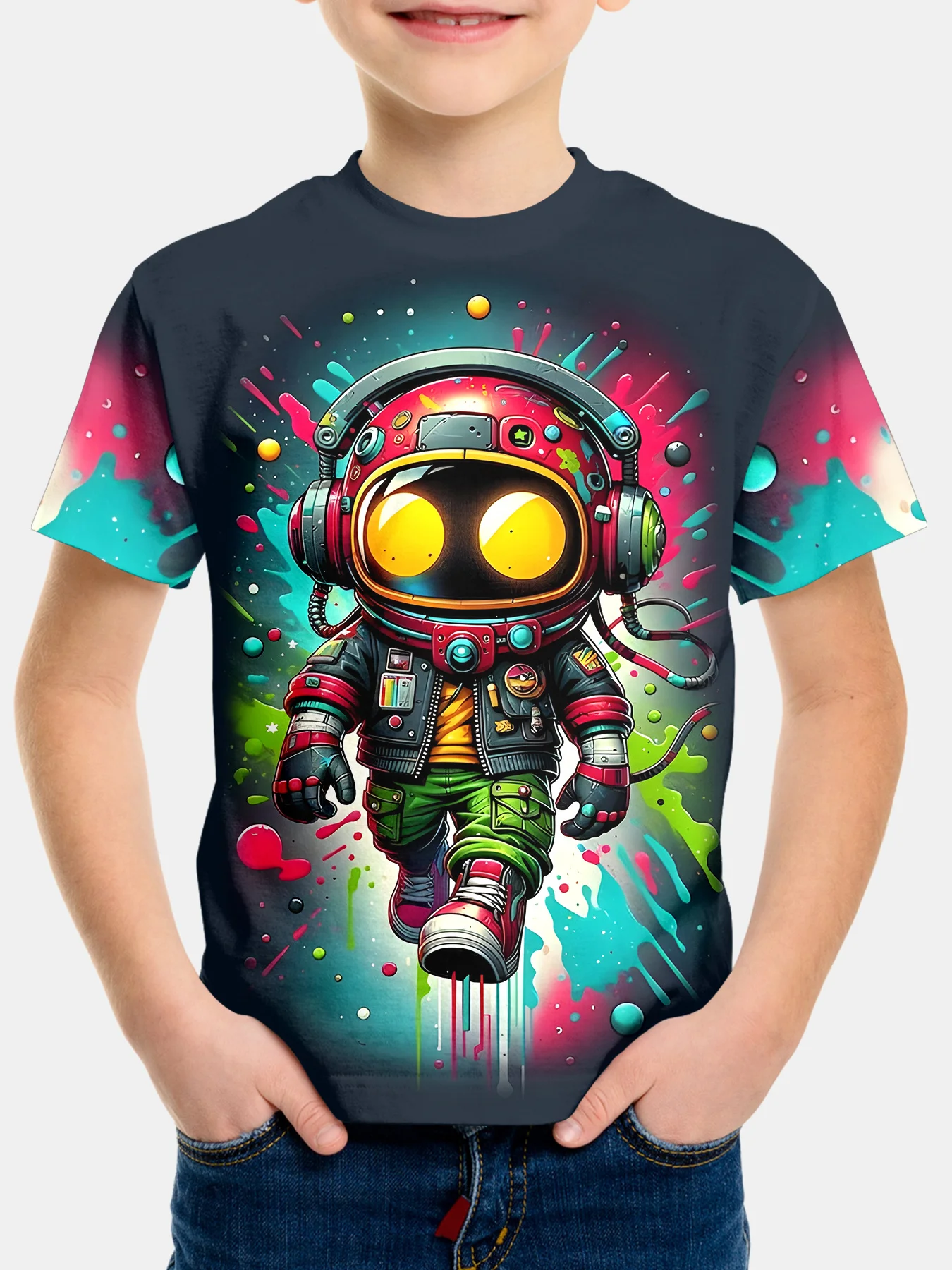 

Youth 3D Space Adventure PatternT-shirt with Bright Robot Boy Design Colorful Splash Background SummerCasual Short Sleeved Shirt