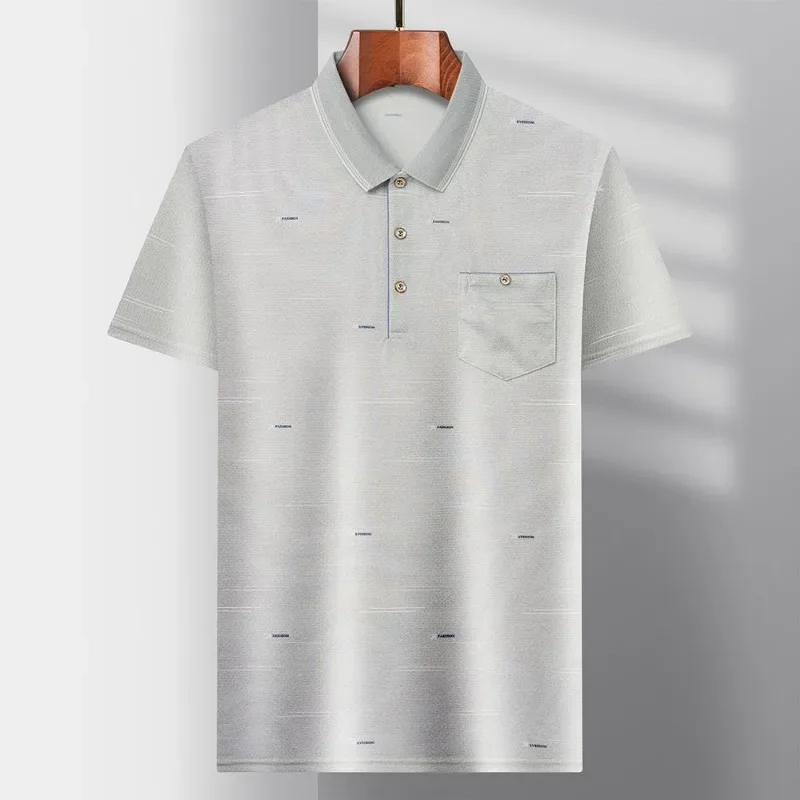 Men's Light Business Office Stripe Polo Shirt Button Lightweight With Pockets Regular Fit Shirt Button Lapel Male Short Sleeve