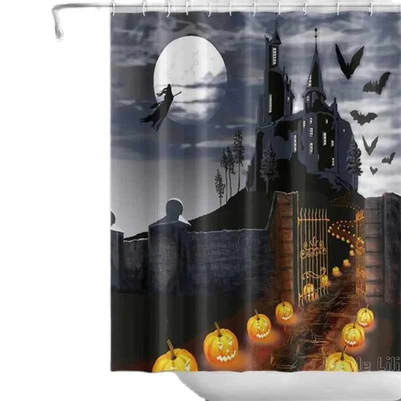 Castle Bat Pumpkin Shower Curtain Sets For Bathroom Watercolor Halloween Night Witch Window