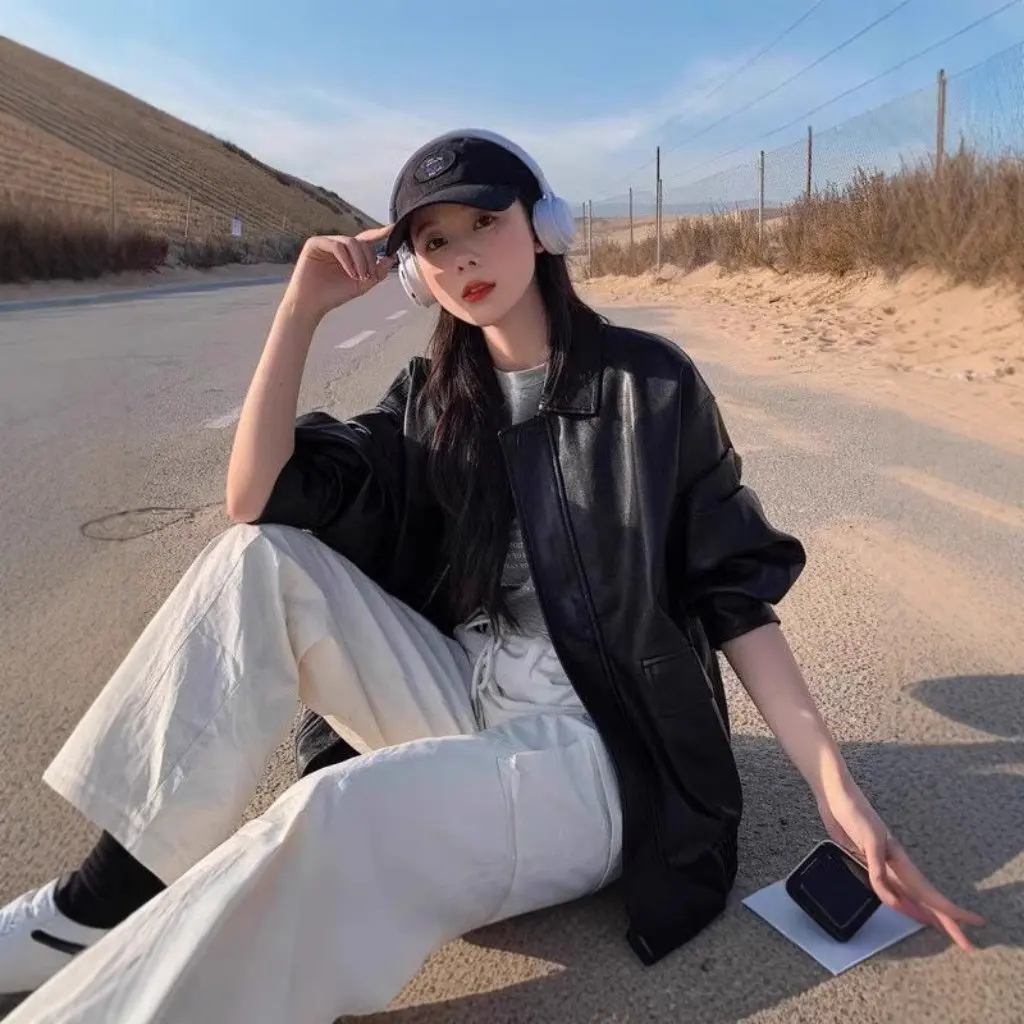 레트로 브라운 가죽 재킷 여성용 숏 스타일 봄 가을 작은 사이즈 한국 버전 루즈 바이커 코트