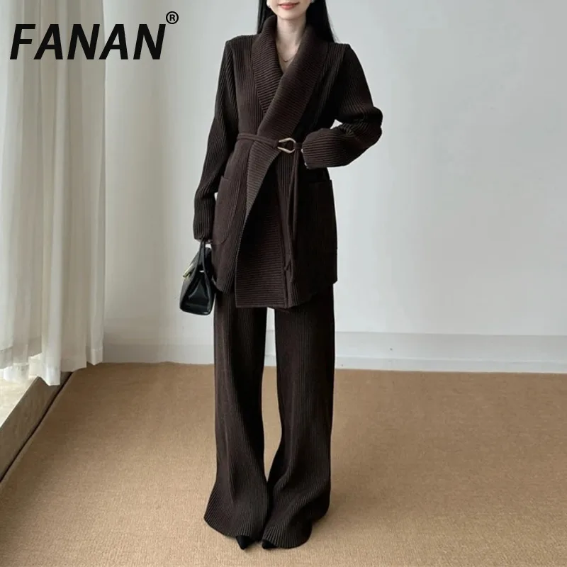 FANAN High-End Coarse Toothpick Pleated Women's Suit Sets Lapel Lace Up Design Blazer And Elastic Waist Pants Two-Piece Set