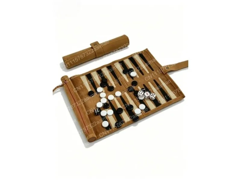 Portable Backgammon Set Roll-Up Suede Case with Black White Pieces Travel Board Game for Outdoor Fun