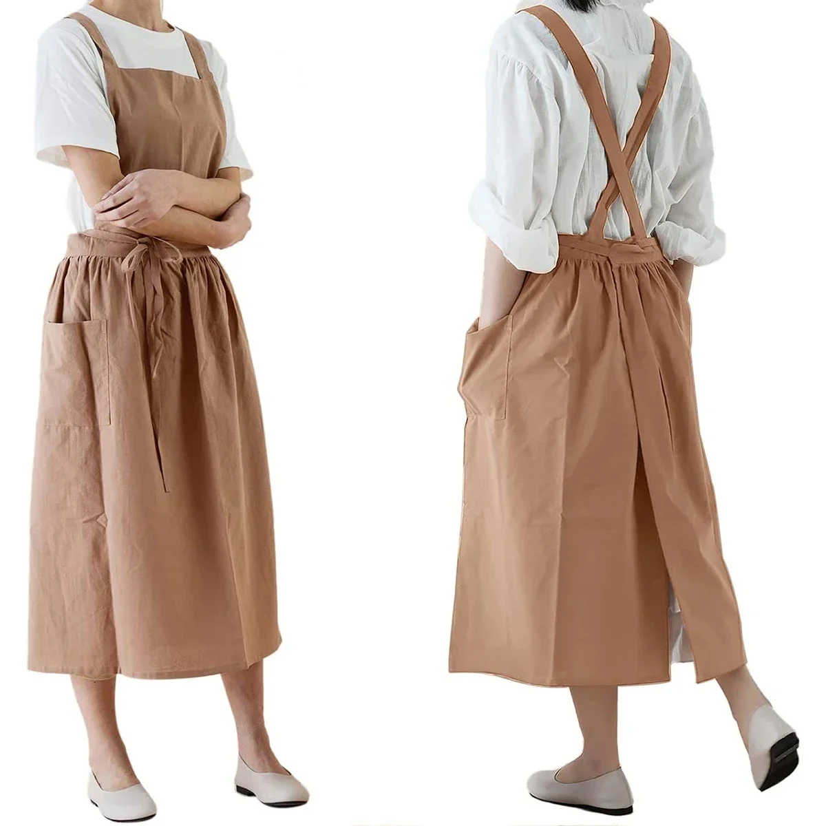 

2025 Bref nordique vent jupe plissée coton lin tablier femmes filles Vintage tablier travaux de jardinage dos croisé robe