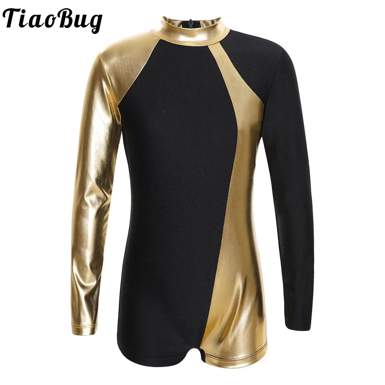 Kids Girls Metallic Gymnastics Leotard Jumpsuit Mock Neck Long Sleeve Bodysuit Rhythmic Gymnastics Dance Performance Costumes