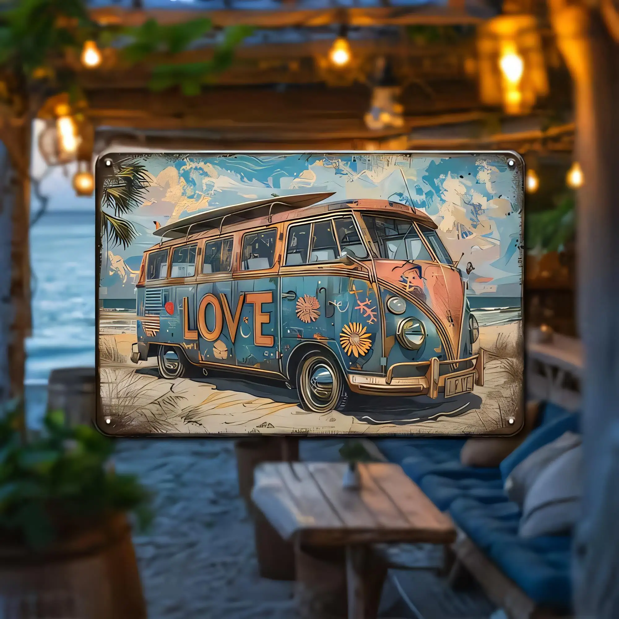Tin Sign Beach Van Love Retro Metal Sign Vintage Surf Camper Wall Plaque Rustic Home Bar Garage Decor Artwork for Men Women Indo