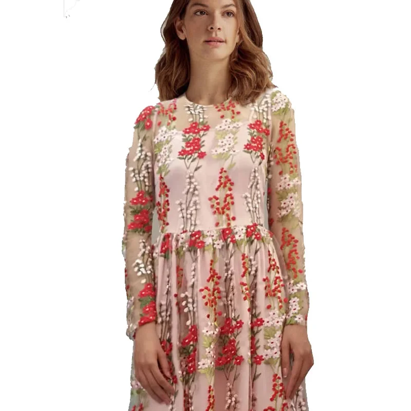 

Elegant O-Neck Long Sleeve A-Line Dresses Luxury Mesh Flower Embroidery Women Dress