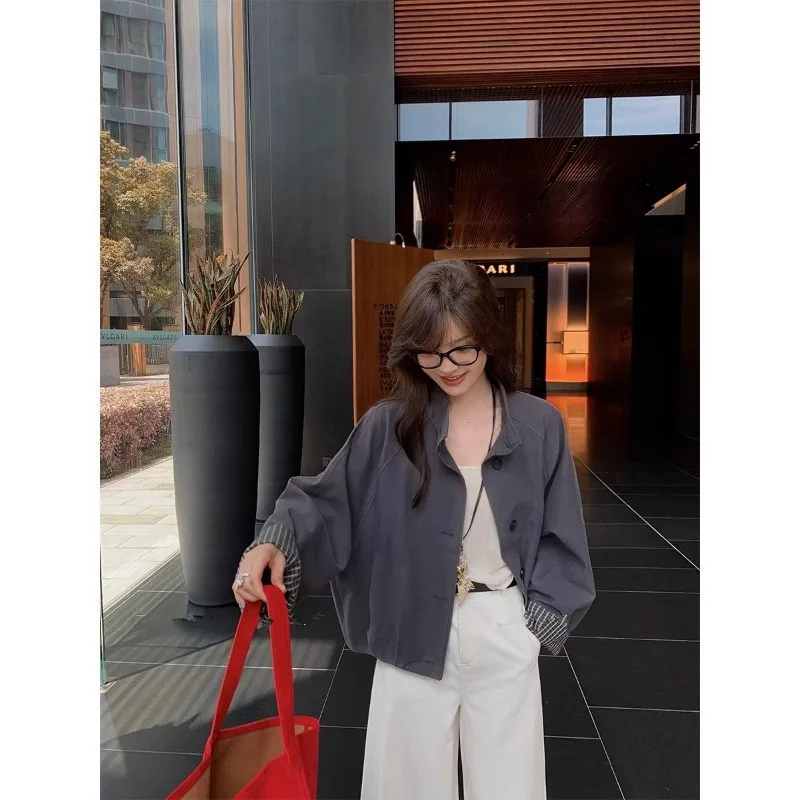 Women Trench Jacket Spring Autumn British Style Color Block Plaid Lining Loose Oversized Coat For Petite