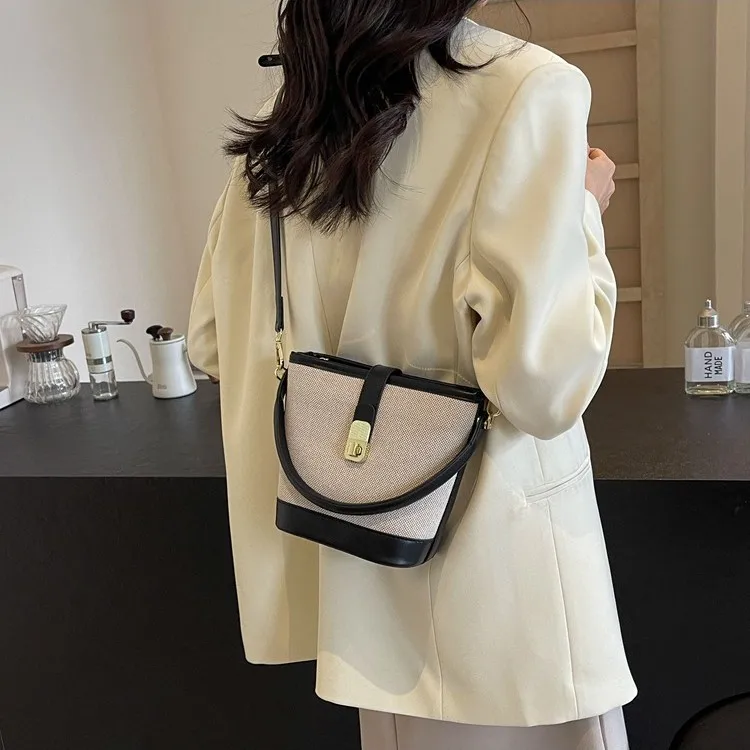 

Retro Casual Color Block Bucket Bag Women's Spring Summer Versatile Single Shoulder Bag Fashionable Crossbody Bags
