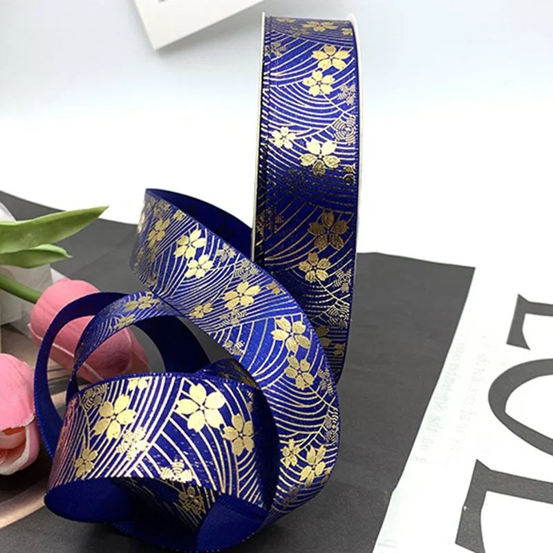 2.5cm 48/96/144Yard Satin ribbon Gold Lucky flowers Badge ribbons DIY Stuff F bowtie jewelry Headband ribbon flower gift package