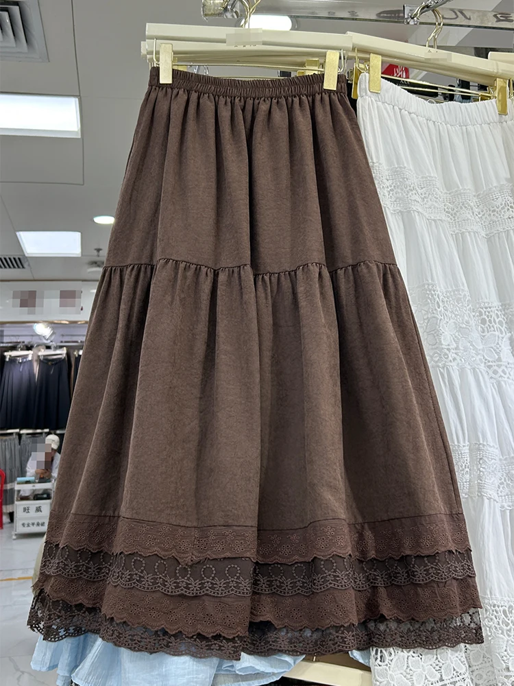 

Korean Sle A-Line Skirt Women's Spring Autumn New Artistic Lace Trim Heavy Embroidery High Waist f Body Skirt