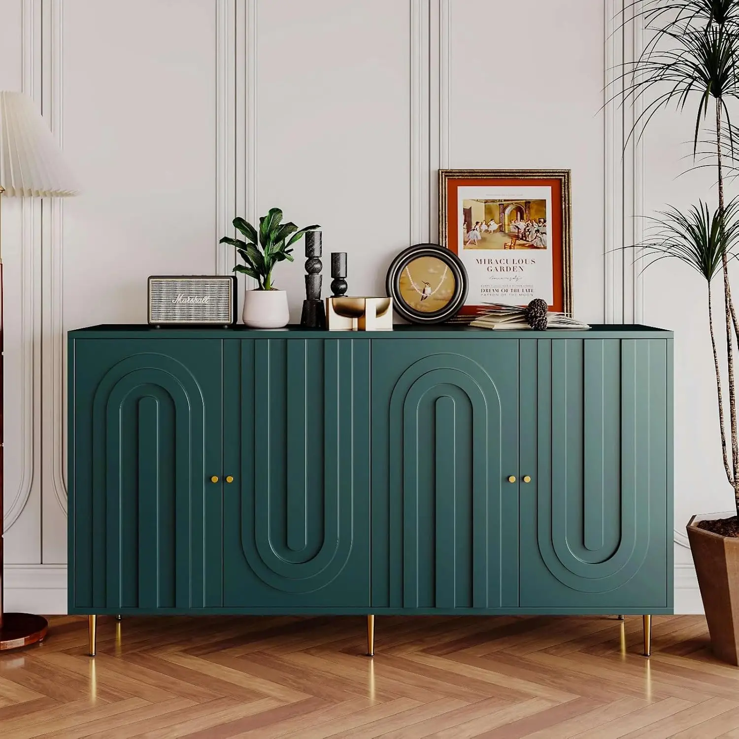 Sideboard Buffet Accent Cabinet, Green Entryway Table with Storage Wood Credenzas for Living Room Home Bar, 4 Doors & Adjustable