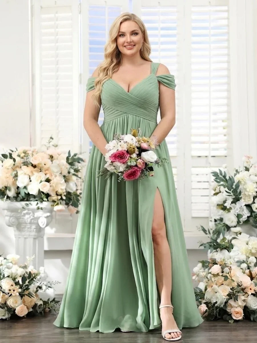 

Sage Green Plus Size Bridesmaid Dress, Off Shoulder Chiffon Prom Gown with Slit, A-Line Formal Party Dress