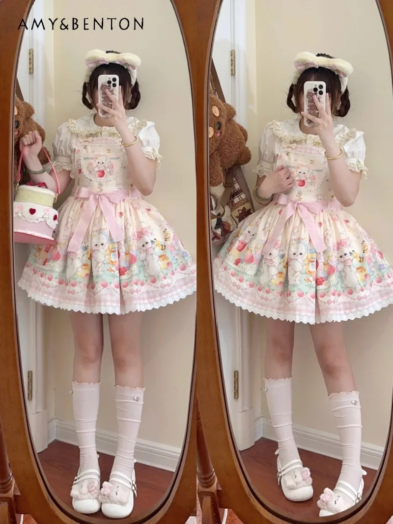 

Милое платье-пачка в стиле Лолиты с милым медведем, кавайное кружевное платье с квадратным вырезом и принтом из мультфильма, тонкие платья-пачки JSK, студенческое платье на день рождения для женщин