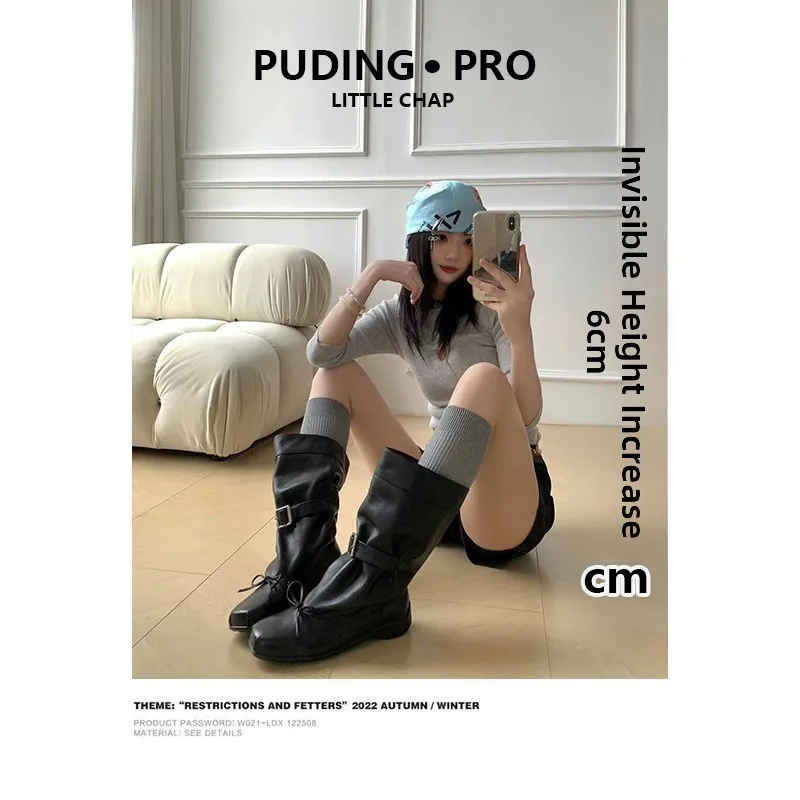 

Western Sle Cowgirl Boots Women's Leather Version Chunky Heel Inner Heightening Booties Faionable Small Staed Boots