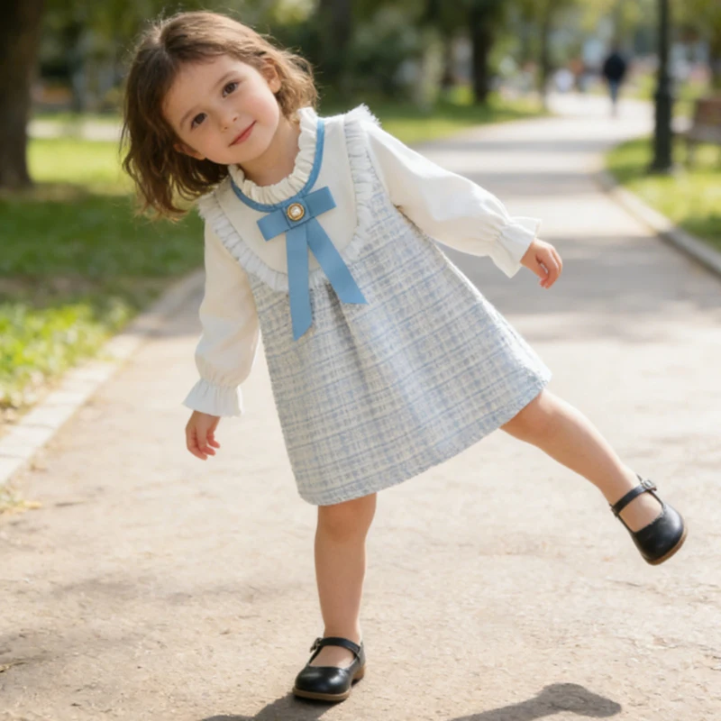 2026 Korea Mädchenkleid Frühling Niedliches Mesh-Langarmkleid für Babymädchen Entzückendes Prinzessinnenkleid mit Kragen Babykleidung für Mädchen