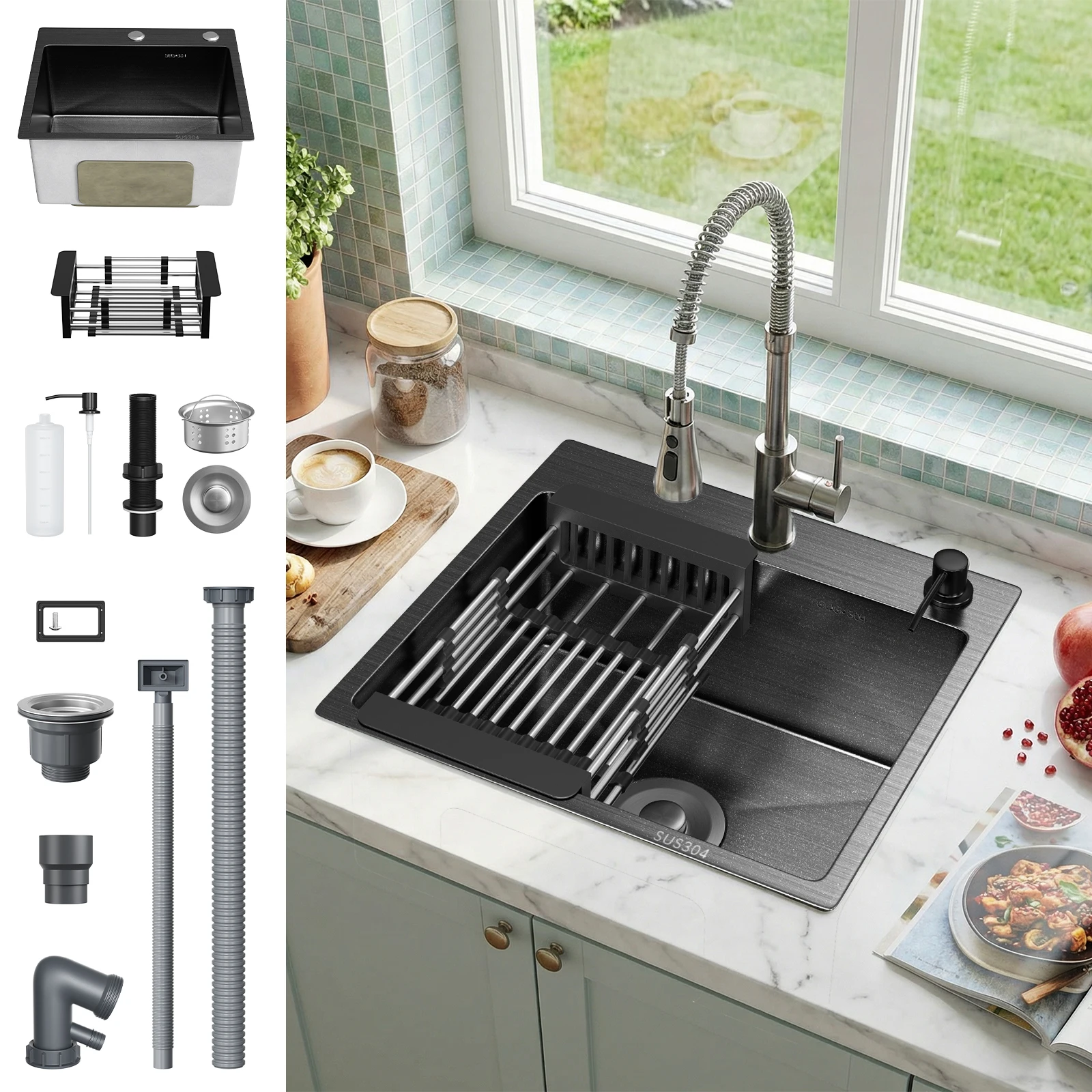 Évier de cuisine en acier inoxydable 45x40cm, évier de cuisine encastrable pour meuble bas, avec distributeur de savon, panier de drainage, raccord de vidange