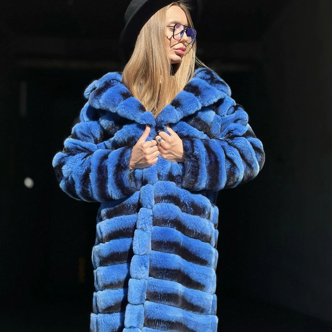 Natural Woman Long Real Rex Rabbit Fur Coat With Hood Fashion Women Royal Blue Genuine Rex Rabbit Fur Jacket Luxury Outwear