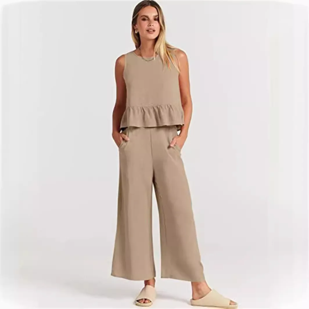 Women\'s S-3XL plus size Summer women\'s pleated sleeveless vest with wide leg straight leg cropped pants casual set