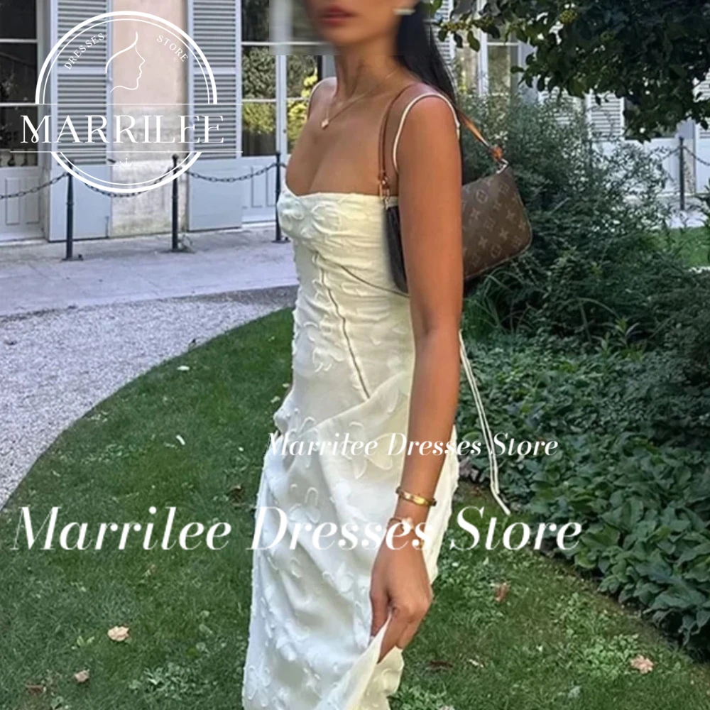 Marrile Customized Charming Spaghetti Strap Floral Print Stain Evening Sexy A-Line Boat Neck Sleeveless Lace Up Prom Gowns Robes