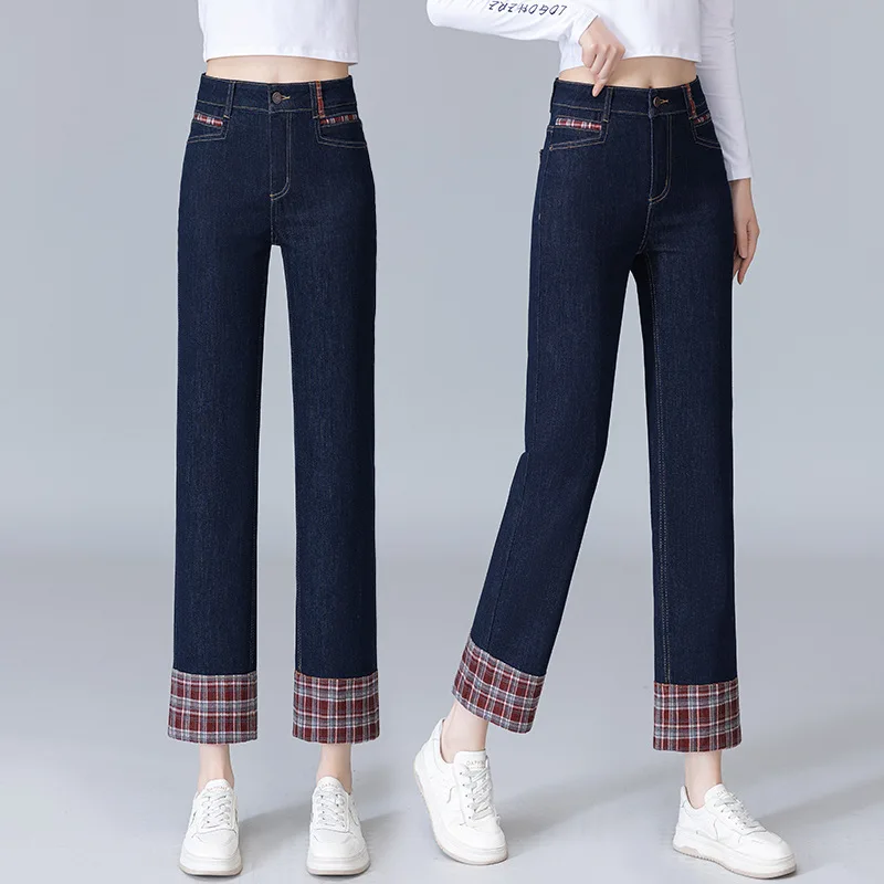 جينز دينم أزرق مكبل مستقيم الساق للنساء، سروال قصير متعدد الاستخدامات للربيع والخريف عالي الخصر للتخسيس