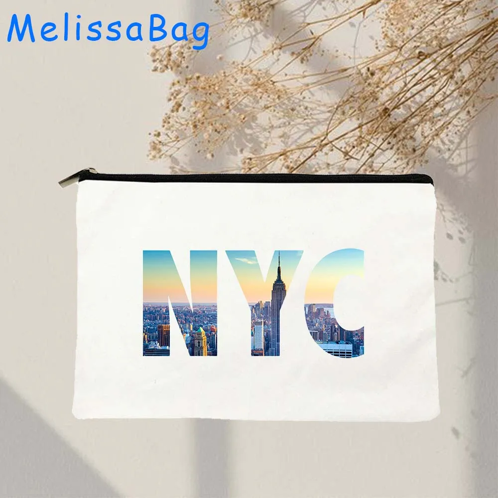 Bolsa de lona con cremallera para cosméticos, bolsa de lona con letras de NYC, Empire State Building, Estatua de la libertad, regalos para maquillaje