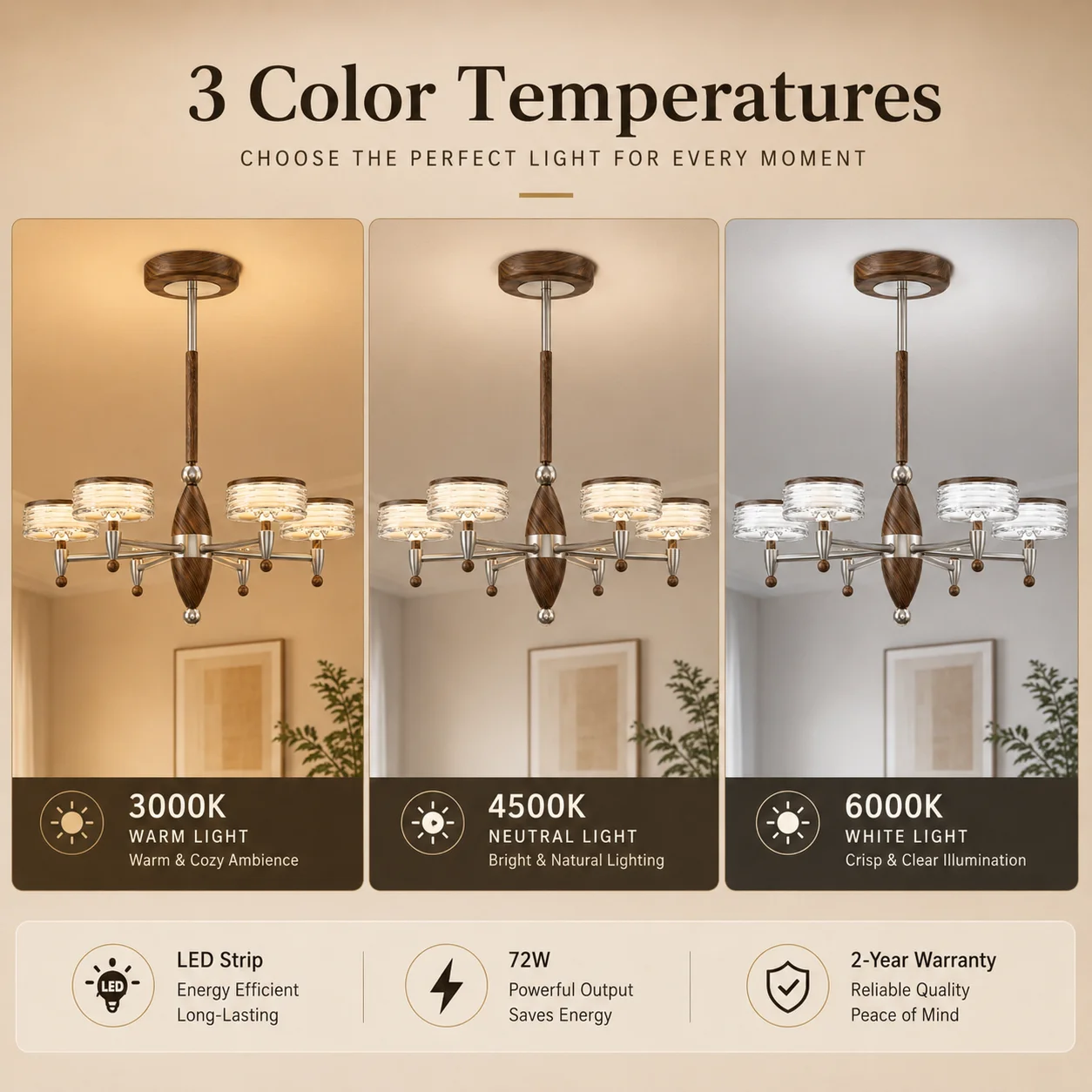 72W 6‑Light Modern Wood‑Grain Chandelier, 3‑Color LED Ceiling Pendant Light