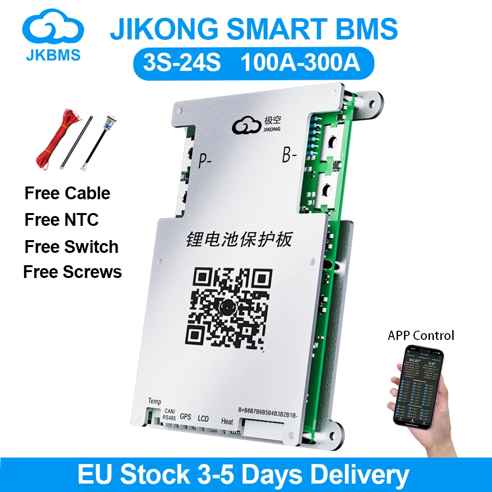 JIKONG JK BMS 3S 4S 5S 6S 7S 8S Smart BMS With RS485 BT 1-2A 12V-24V Active Balance BMS for Lifepo4 Li-ion Lto Battery Pack 300A