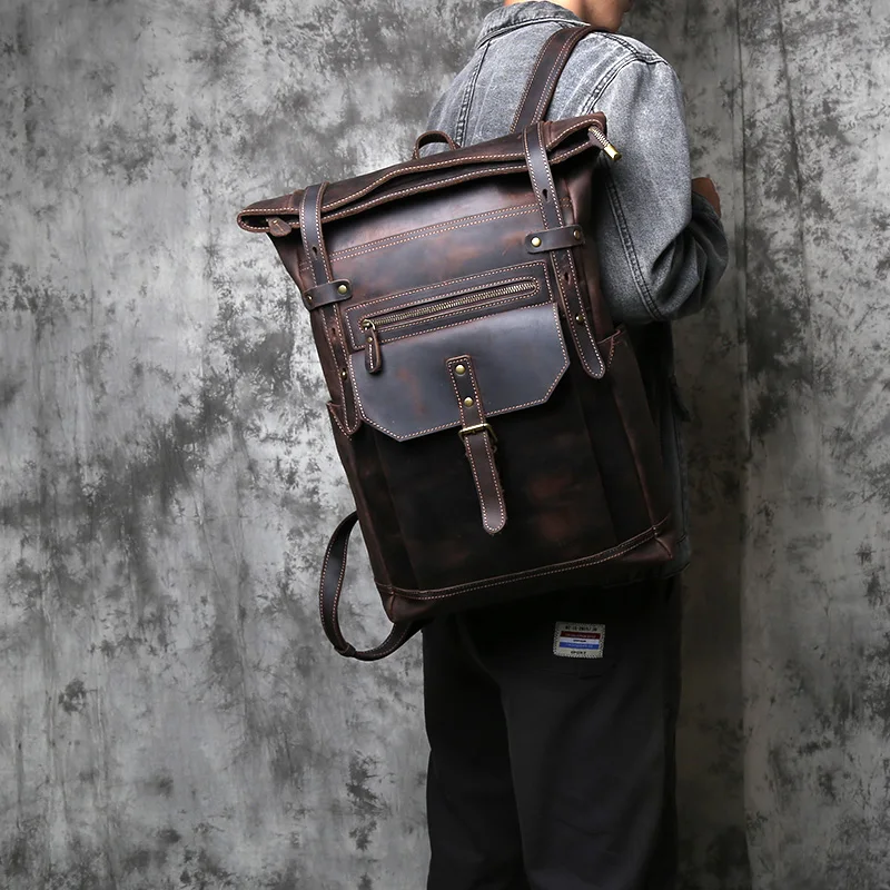 NZPJ Vintage-Rucksack aus echtem Leder für Herren, Crazy Horse-Leder, Computertasche, natürliche Oberschicht aus Rindsleder, Rucksack, Reisetasche – Detail 5