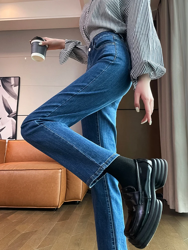 High Waist Slim Fit Straight Leg Denim Jeans Women's Autumn Winter Fashion Fleece Lined Elastic Soft Comfortable Casual Jeans