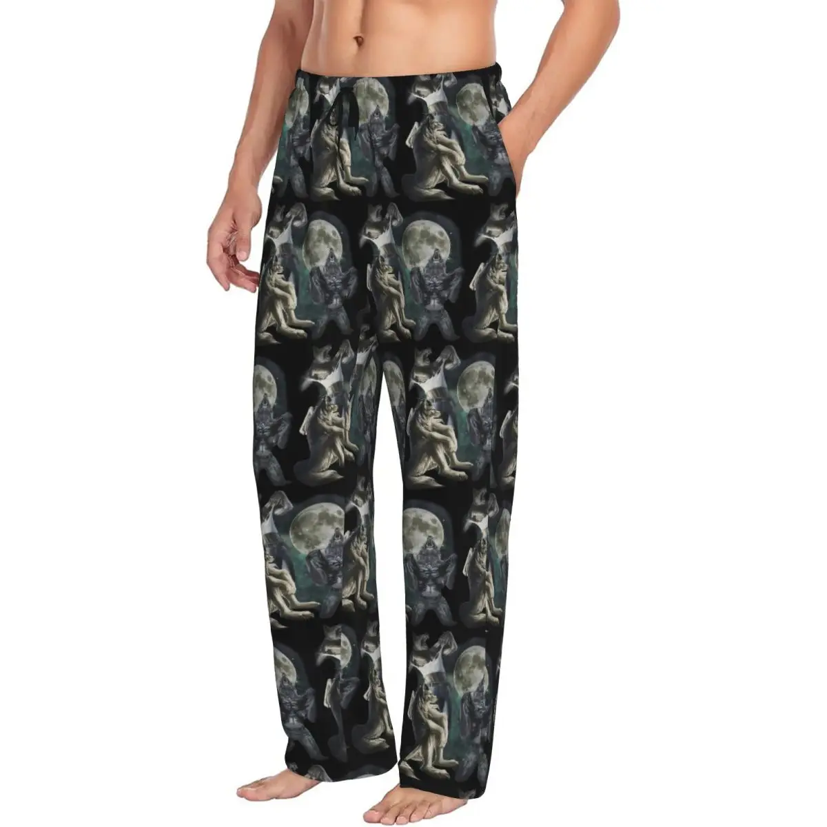 Pantalones de pijama para hombre con diseño personalizado de Alpha Wolf, estilo vintage de los años 90, con motivos de memes, ideales para estar en casa, para dormir y como ropa de descanso, con bolsillos.