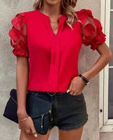 Women's Sexy V-Neck Puff Sleeve Blouse Semi-Sheer Mesh Panels Short Sleeve Summer Top Solid Red Machine Washable for Spring 5