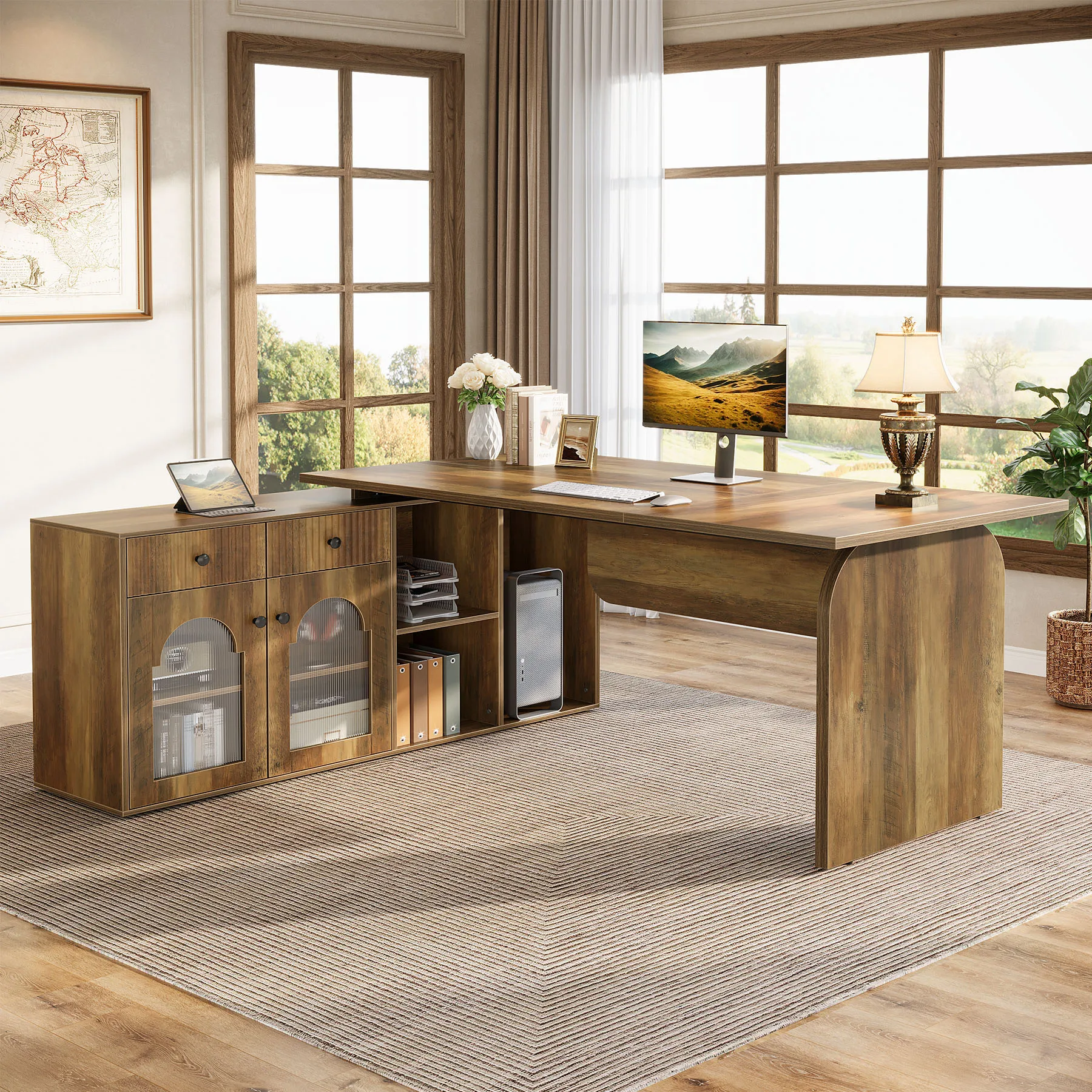 

as Contemporary L-Shaped Executive Office Desk File Cabinet Drawers 71-Inch Wood Work Desk for Home/Office Use Rustic@