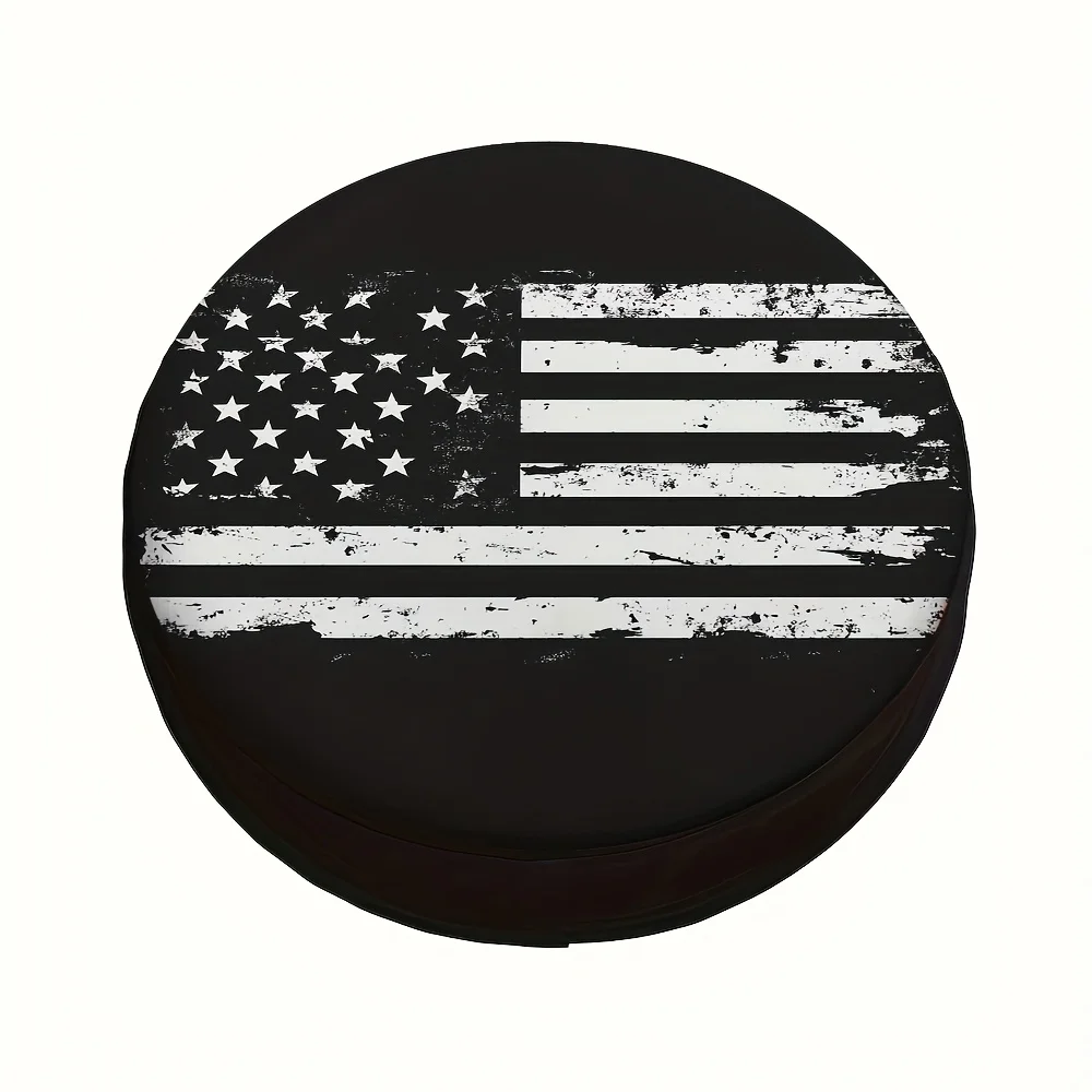 Capa de pneu de carro com bandeira americana patriótica, poliéster adequado, aparência escovada angustiada com design de estrelas e listras, fundo preto, 1 peça