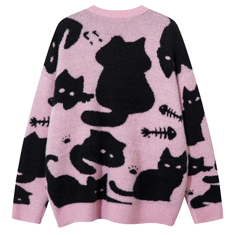 Sweter w stylu Harajuku z dzianiny Cute Cat Fish Oversized Pullover Jumpers Men Hip Hop Casual Long Sleeve Cozy Swetry Streetwear Pink