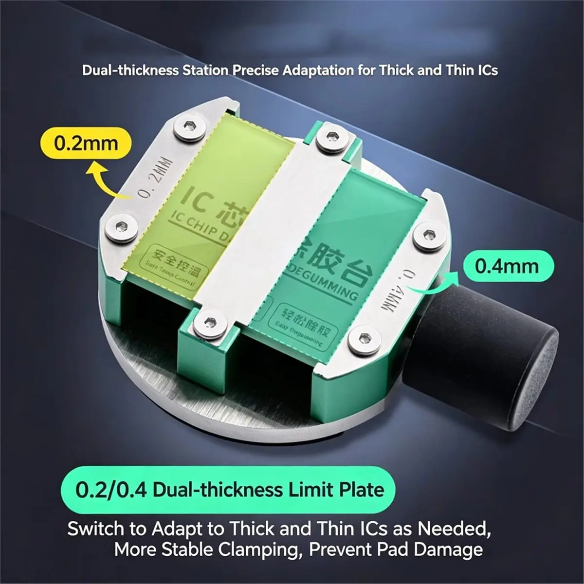 IC Chip Degumming Station Dual Thickness 0.2mm/0.4mm for BGA CPU IC Glue Removal with Tempered Glass and Metal Base