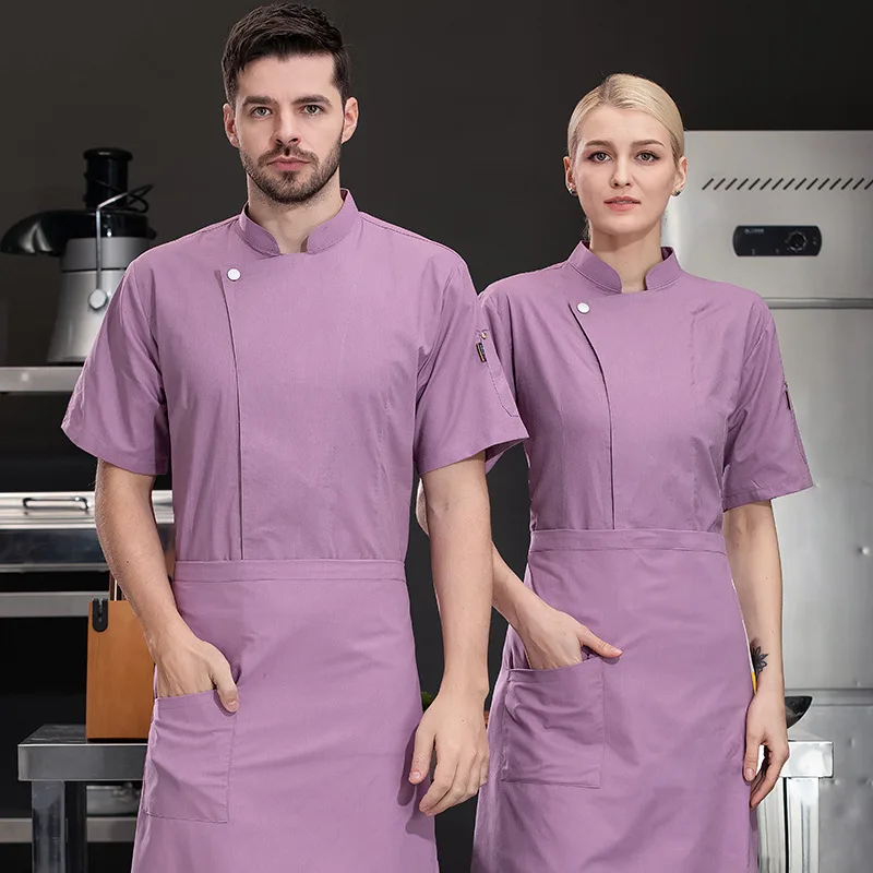 สีทึบ Chef Overalls แขนสั้นฤดูร้อนโรงแรมร้านอาหารห้องครัวร้านอาหารตะวันตกเสื้อผ้าทํางาน