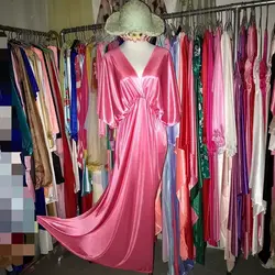 Pink Glossy Backless Women Satin Loose Maxi Dress Deep V Neck Plus Size Sexy Sleeping Robe