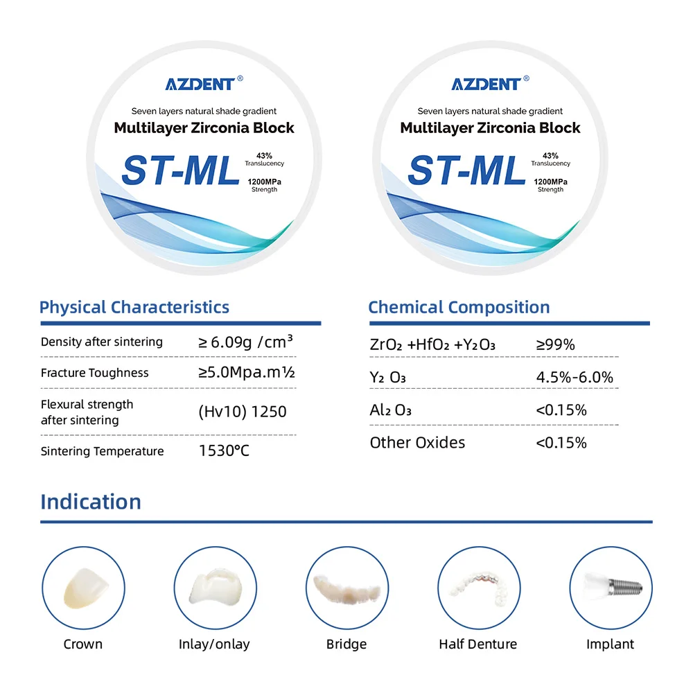 Azdent Dental ST-ML Multilayer Zirconia Blocks Functional Dental Lab Material 98mm System CAD CAM Seven Layers Dentistry Tools