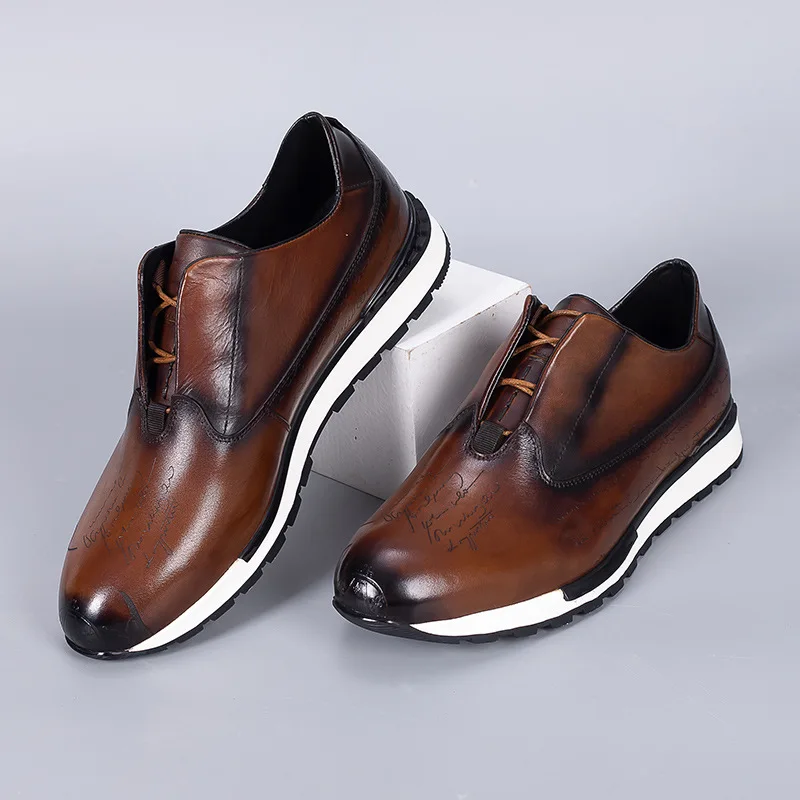 Luxury Mens Sneakers Genuine Leather Lace-Up Comfortable Oxford Vintage Casual Shoes for Men Outdoor Walking Flat Footwear A21