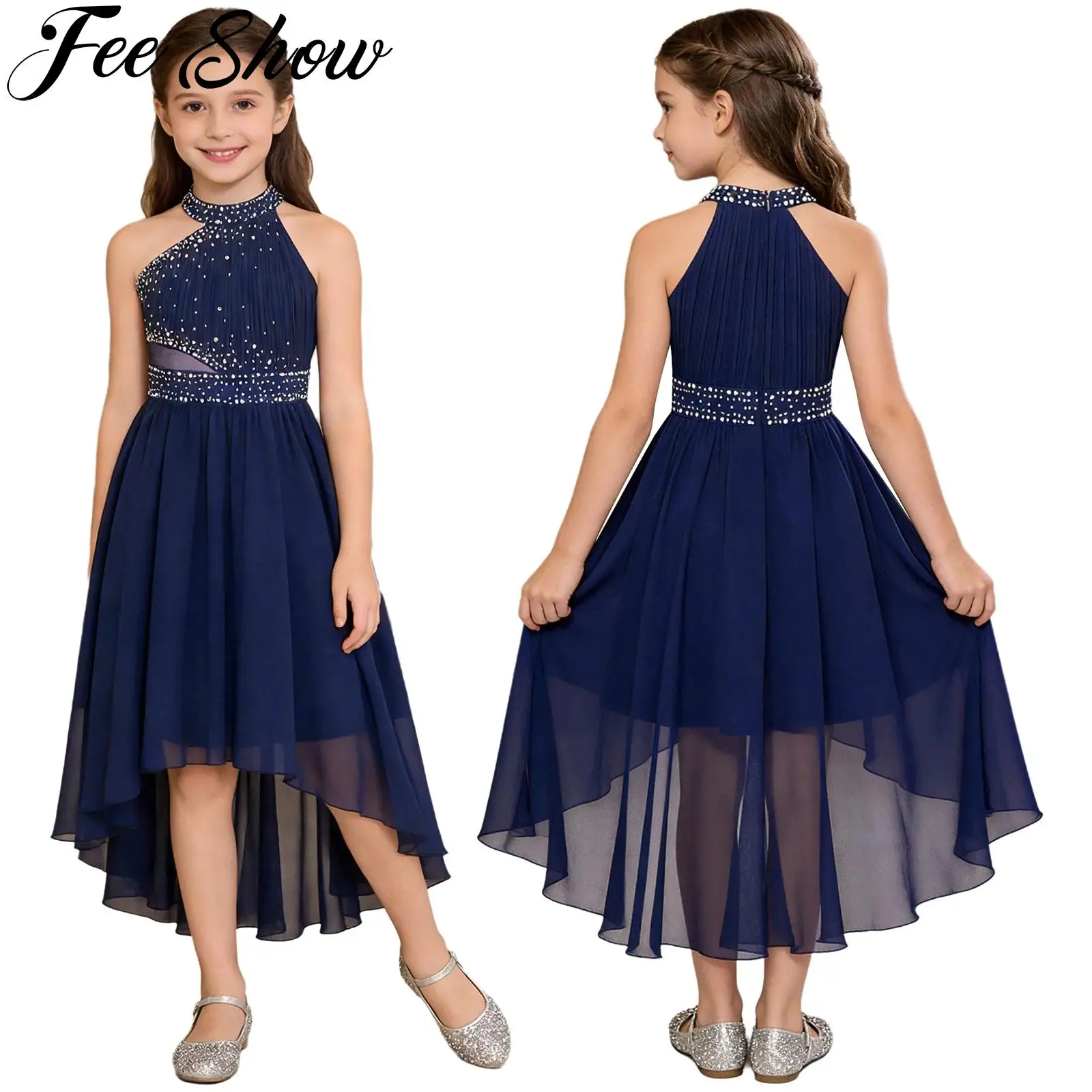 Kid Flower Girls Princess Dress Shiny Rhinestone Sleeveless High-Low Skirt Chiffon Dresses for Wedding Bridesmaid Birthday Party